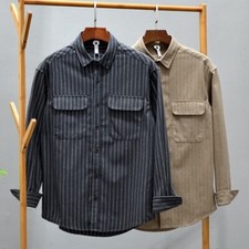 Camicia A Righe Da Uomo Con Tasche Cargo Manica Lunga Colletto Button Down