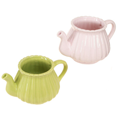 Keramik Deko Teekanne Übertopf Rosa Grün Vintage Stil 2 St