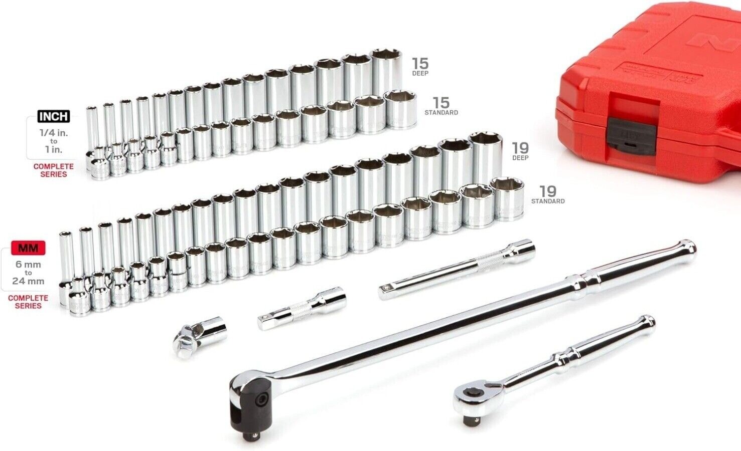 TEKTON 3/8 Inch Drive 6-Point Socket and Ratchet Set,73-Piece(1/4-1 in.,6-24 mm)