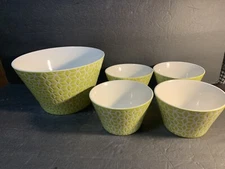 Vintage Green & White Ceramic Popcorn Bowl and 4 Individual Serving Bowls  MCM?