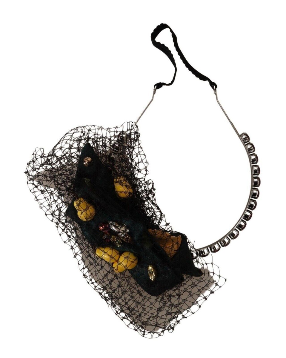 Dolce & Gabbana Silver Tiara Crystals Fruits Black Mesh 