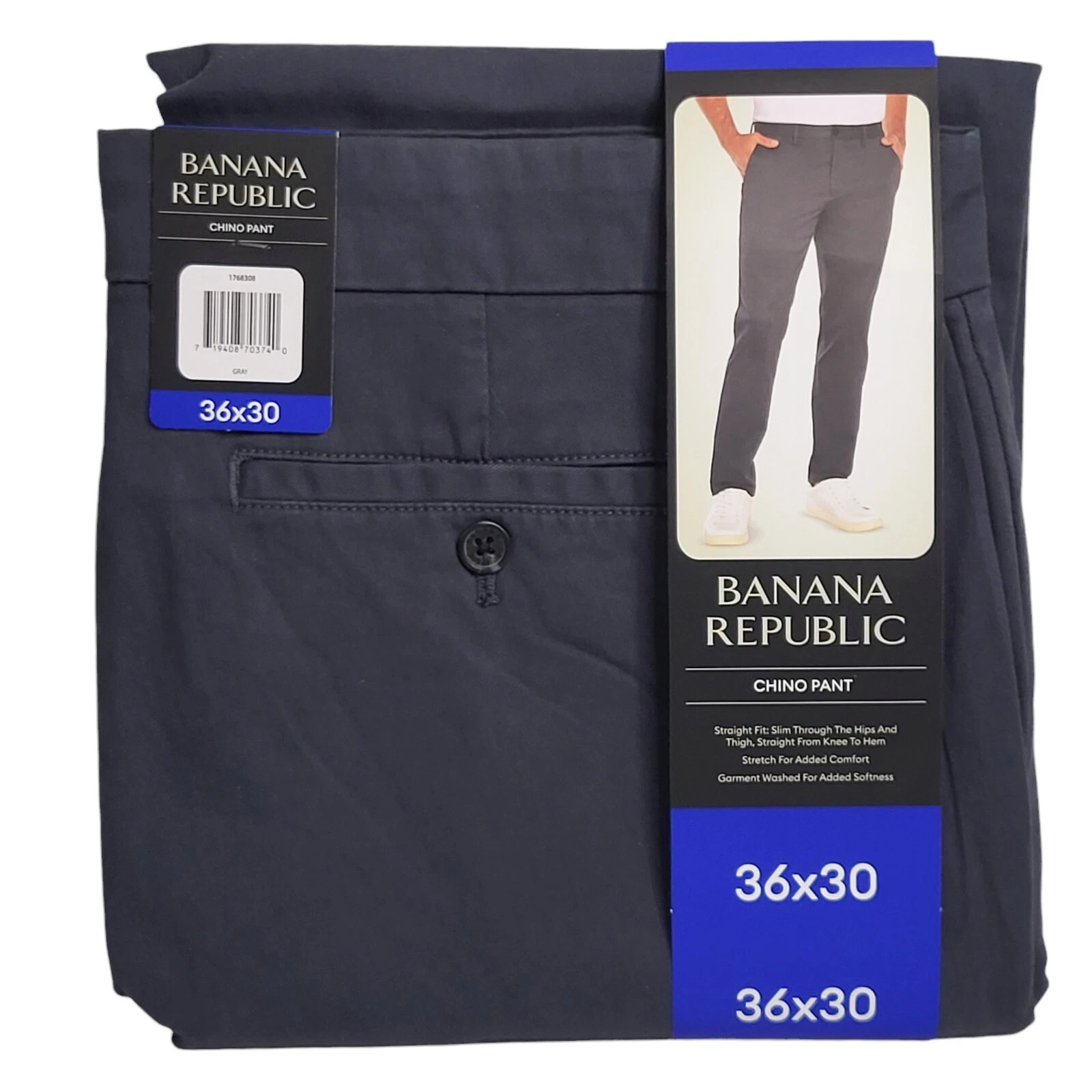 Banana Republic Chino Pants Mens Size 36x30 Gray NEW Straight Slim Stretch Fit