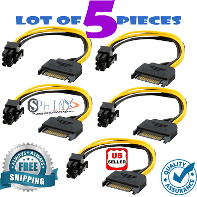 LOT 5 x 15-Pin SATA to 6-pin Power Cable for Video Card PCI-E PCIE PCI Express 