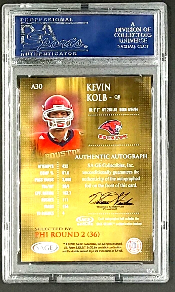 2007 SA-GE SAGE Autographs Bronze #A30 Kevin Kolb RC Rookie Auto PSA 10 POP 2 - Image 2 of 4