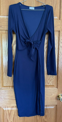 pink lily wrap dress Pink Lily Navy Wrap Knee Length Dress Size Medium Long Sleeve