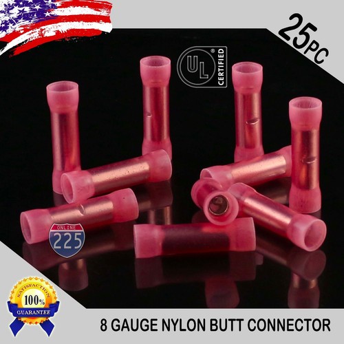 25 Pack 8 Gauge Wire Butt Connectors Red Nylon 8 AWG Crimp Cable
