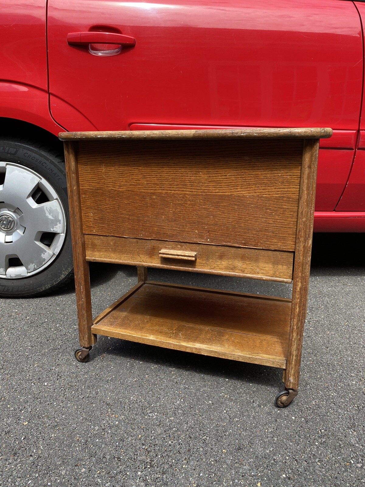 Vintage Wooden Sewing Box Large Solid Sewing Box On Legs W/ Wheels(see