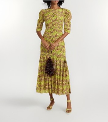 Saloni Colette Silk Dress Women s Sz 6 Green Floral Puff Sleeve Pleated Easter