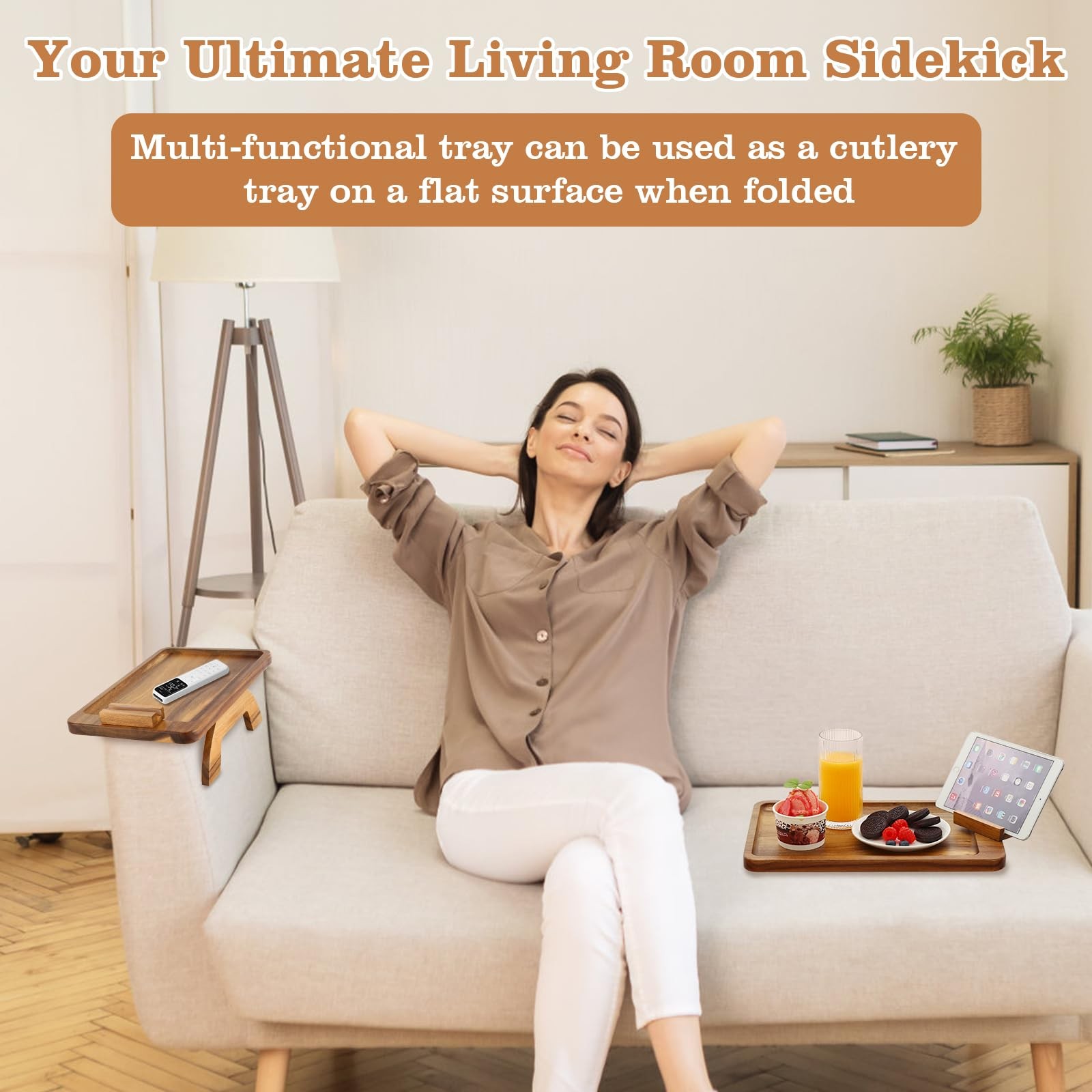 Acacia Wood Couch Armrest Table,Sofa Arm Tary Table for Living Room,Sofa Armr...