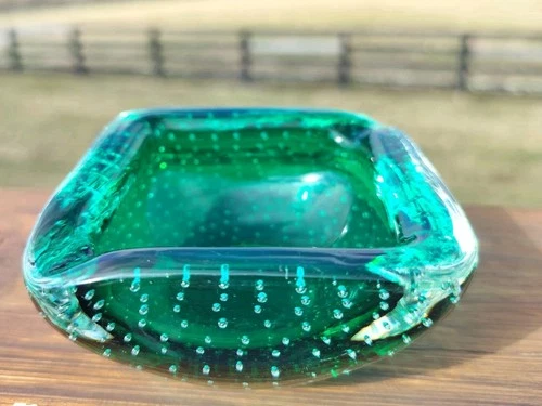 VTG Murano Bullicante Green Art Glass Dish Ash Tray Controlled Bubble 3” Italy