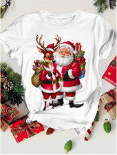 Merry Christmas Santa Claus Deer Print T-Shirt