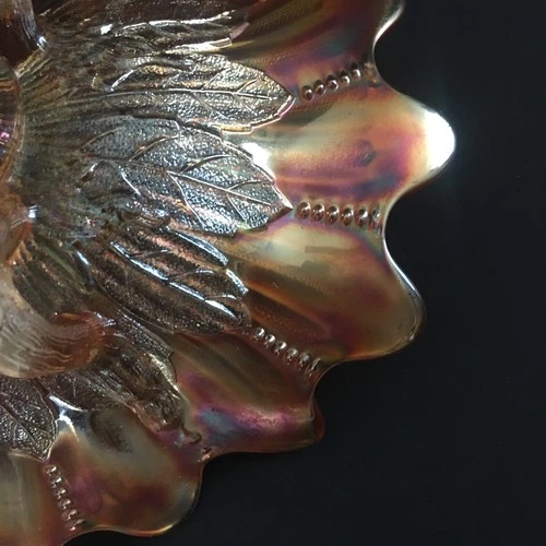 Vintage Fenton Stippled Rays Carnival Glass Ruffled Bowl Iridescent Coral