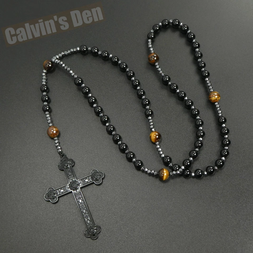 Large Gothic Punk Cross Pendant Tiger Eye Black Onyx Beads Rosary Necklace Men - Image 3 of 4