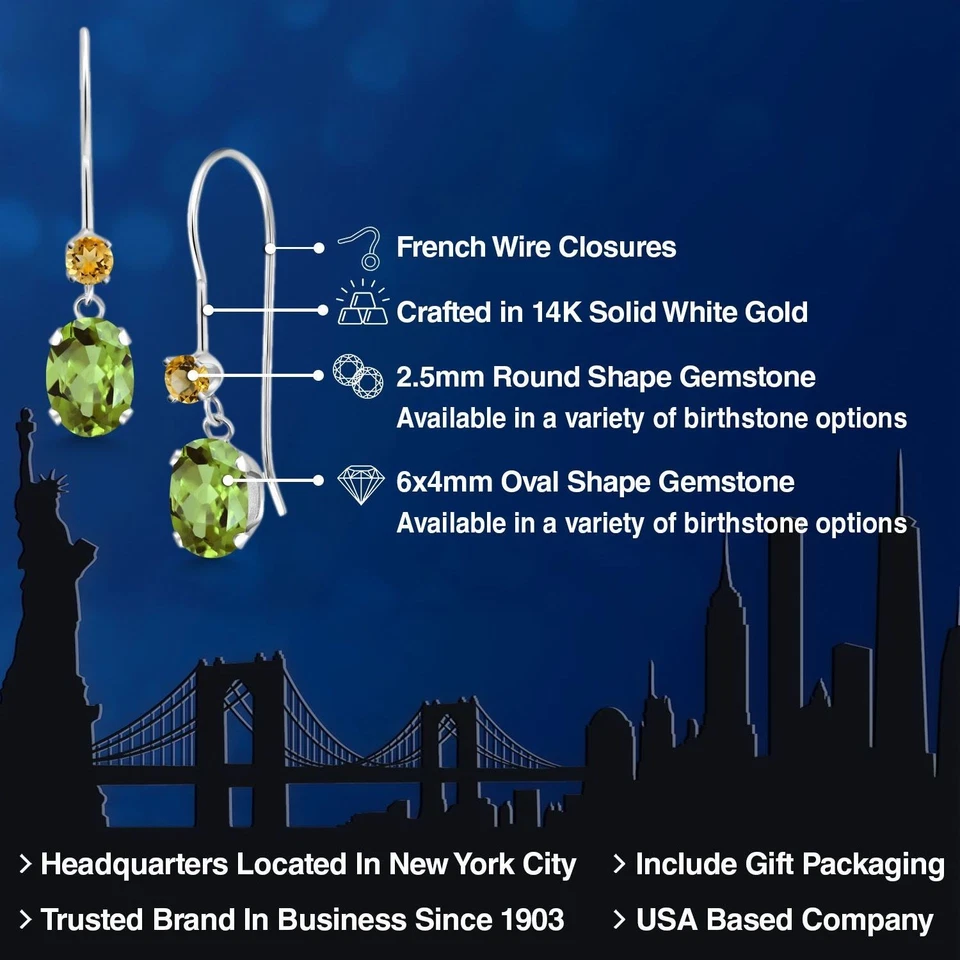 Fio pendurado em ouro branco 14K formato 6X4MM peridoto e forma 2,5MM citrino francês - Imagem 2 de 4