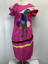 Vtg Handmade Muumuu House Dress Women  s Appliqu  Bird Flowers Colorful 80s