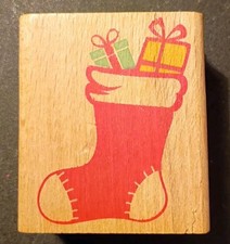 CHRISTMAS STOCKING WITH PRESENTS Mounted Rubber Stamp Holiday 2" Wood