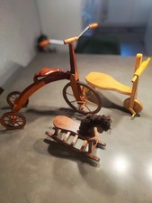 Puppenfahrzeuge Holz – Dreirad antik dunkel & hell + Schaukelpferd – 3er Set