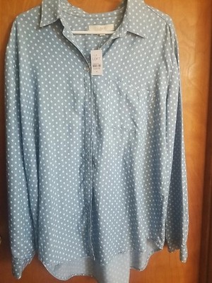 Loft Shirt Top Buttons Blue Polka Dot Lyocell Size XL Long Sleeve