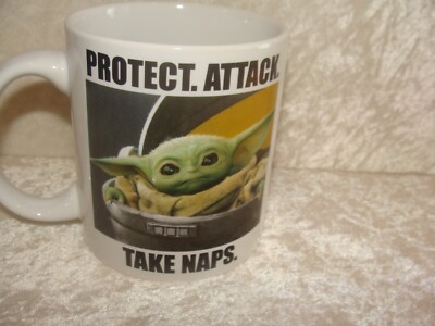 Star Wars Coffee Mug 4.25  Tall~Ceramic Protect~Attack~Take Naps~Baby Yoda~VGC~