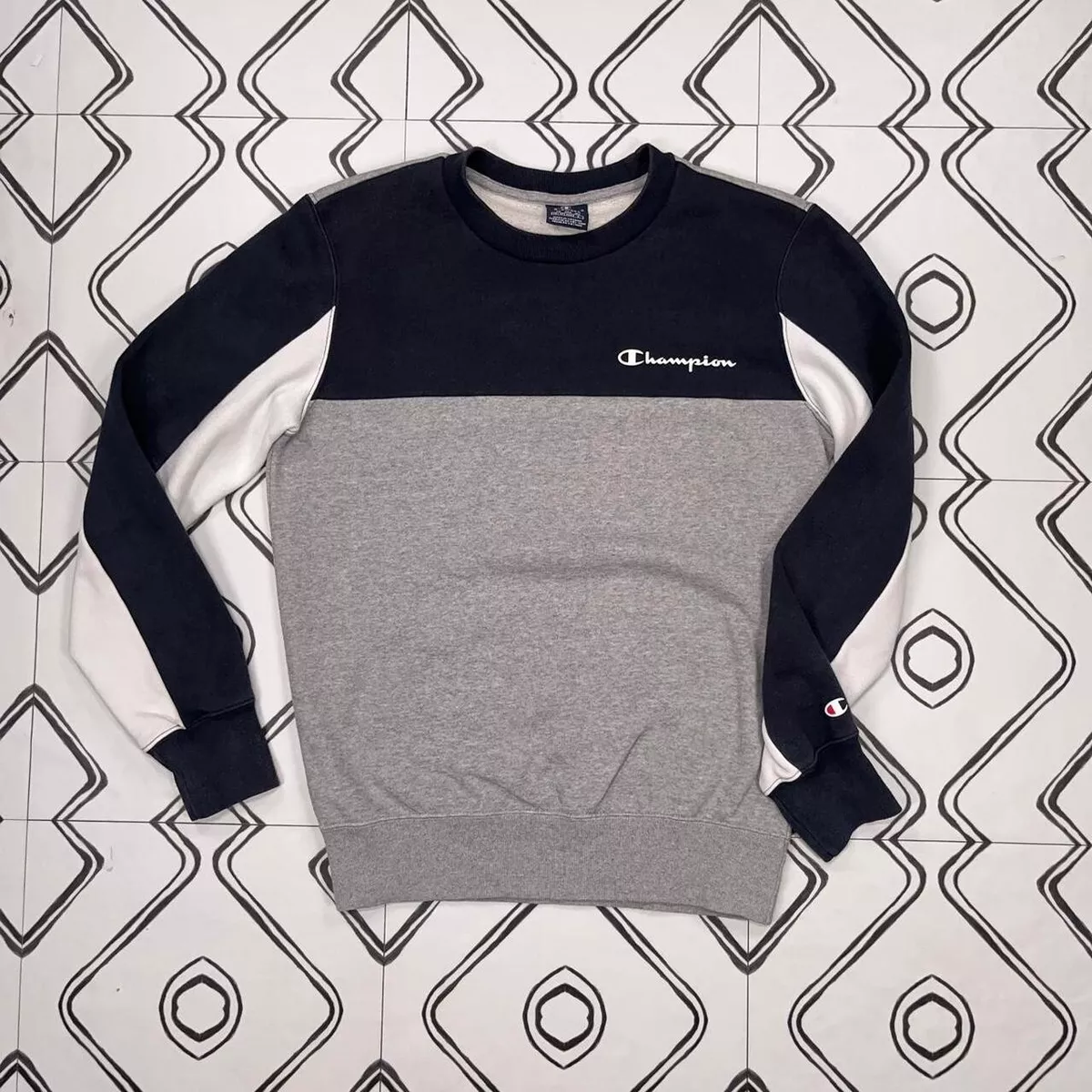 Vintage Champion Grey Blue White Jersey Cotton Polyester Crew Neck Sweater XS