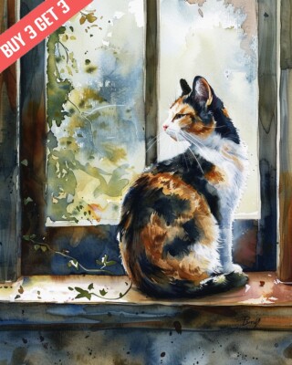 Cat on a Windowsill Cat Watercolor Painting Print 8x10