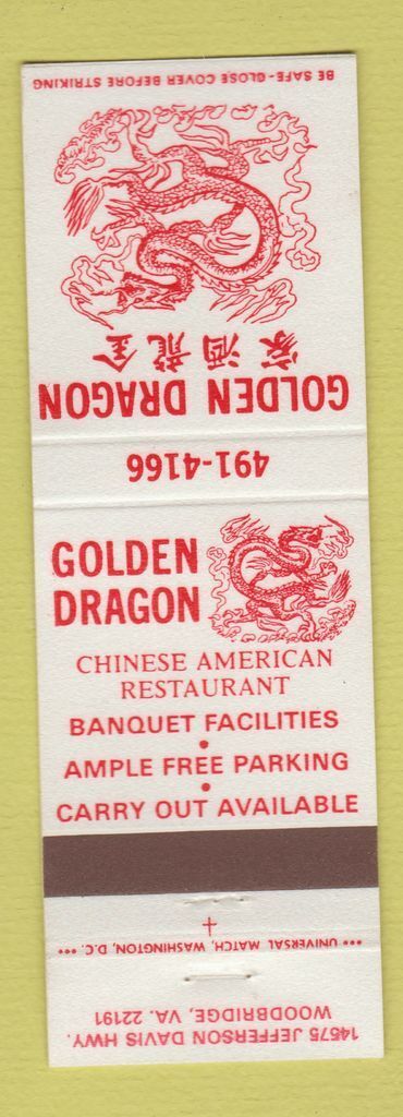 Golden Dragon Chinese Restaurant Matchbook Cover Woodbridge VA Collectible