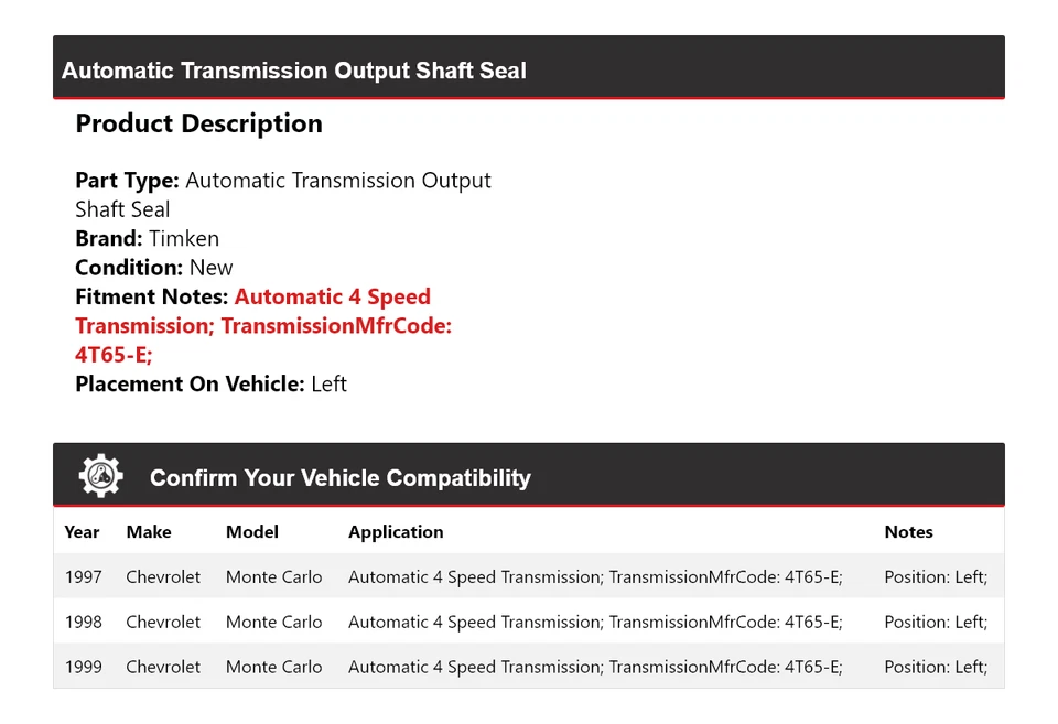 Уплотнение левого выходного вала трансмиссии для Chevrolet Monte Carlo 1997-1999 годов выпуска Timken - Изображение 2 из 4