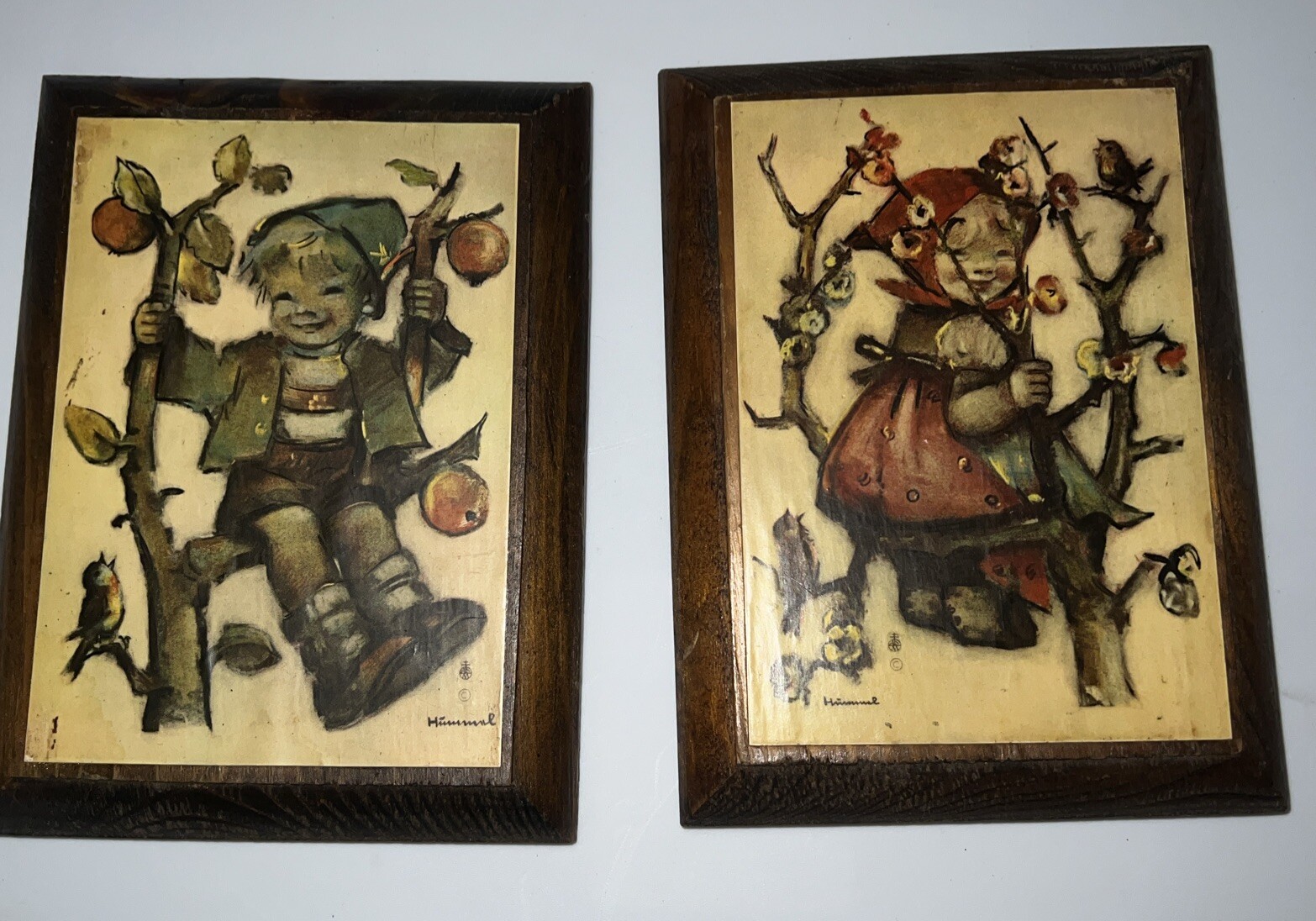 Vintage Hummel Style Wall Plaques Set of 2 Boy Girl Apple Tree Framed Art