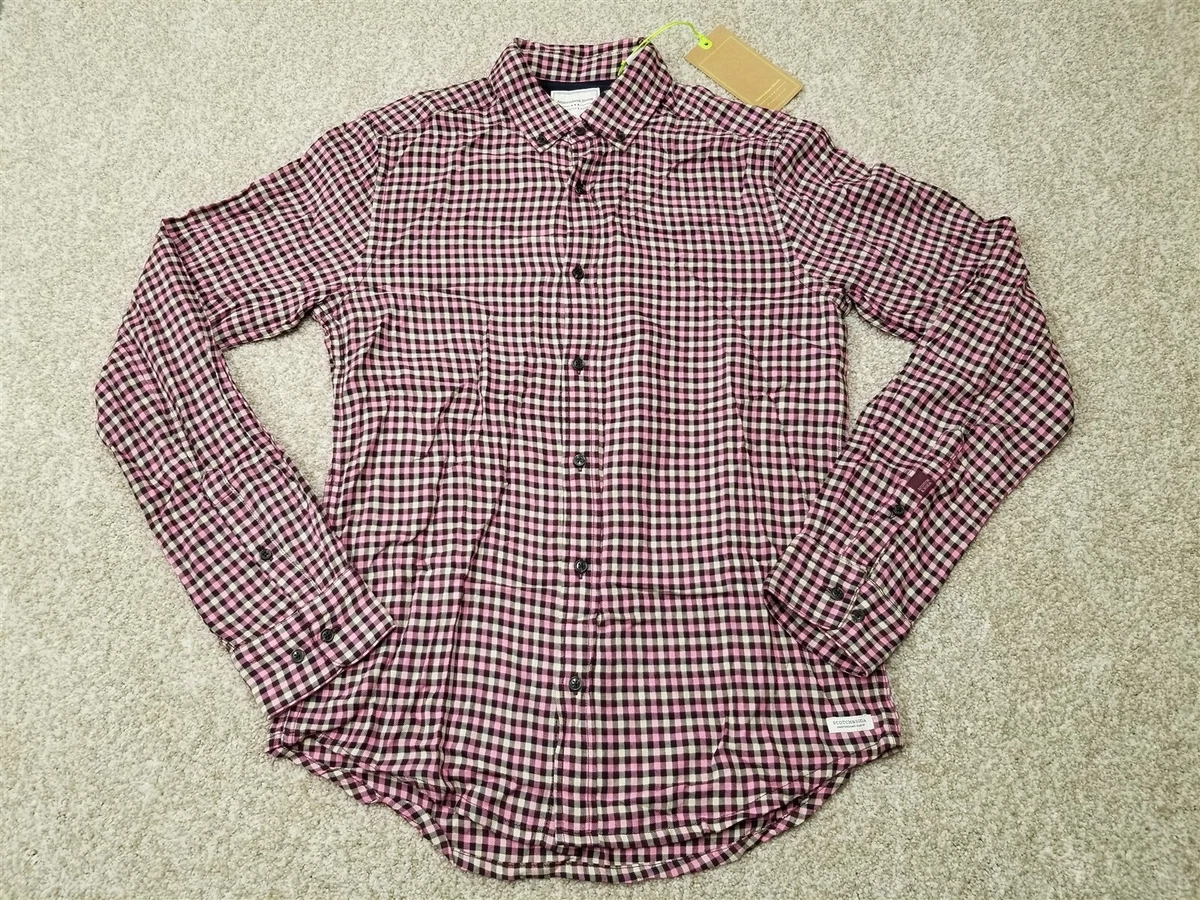 Scotch Soda Shirt Men Small Pink Black check Plaid 100% Viscose Amsterdam Blauw