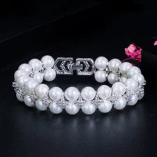 Handmade 2 Rows Cubic Zircon Pave Setting Big Pearl Bracelets for Bridal Wedding
