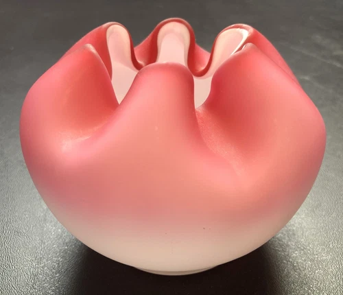 Vintage Fenton Crimped Satin Rose Bowl Vase in Dark Pink Fade to White