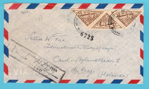 BOLIVIE R couverture aérienne 1953 La Paz avec timbres triangulaires pour La Haye, Pays-Bas