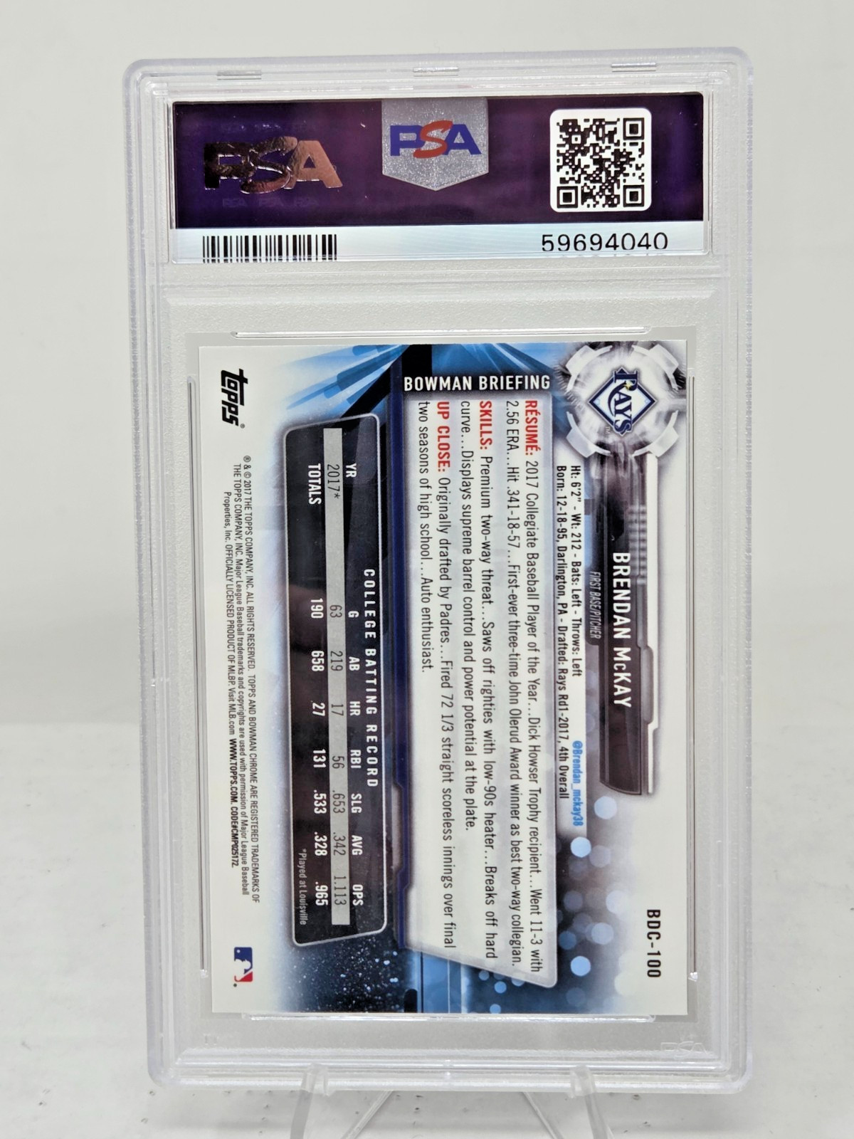 2017 Bowman Chrome BRENDAN McKAY RC Rookie Baseball Card PSA 10 GEM MINT view 2