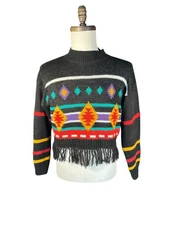 Vintage Sweater Carolina Colours Women’s Medium Aztec Fringe Colorful 80s 90s 