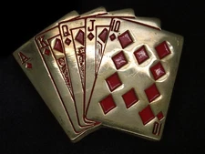 UE07157 VINTAGE 1970s **ROYAL FLUSH** GAMBLING SOLID BRASS BARON BELT BUCKLE