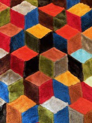 Vintage Hand Made Faux Fur Crazy Quilt Throw Folk Art 3-D Cube Patchwork 36x44
