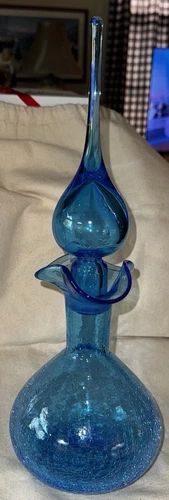 Blenko/MCM Rainbow Blue Hand Blown  Crackle Glass Vtg  Decanter w/Stopper