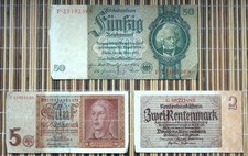 3 Nazi Germany Reichsmarks 1933/45. 50, 5, 2 (rentmark) Mark Denomination