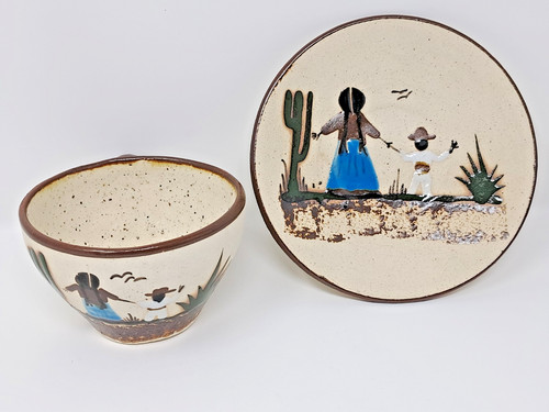 Tonala Pottery Mother & Child Coffee Cup & Saucer Set co Mexico hand painted