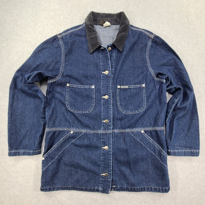 #ad Vtg Lee Riveted Denim Chore Barn Jacket Size Medium Blue Coat Corduroy Collar US $59.99