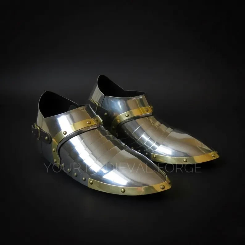 Sabatones medievales de acero y latón | Zapatos armadura de caballero | Brazo de pie cosplay hecho a mano