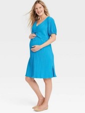 NWT Target Ingrid & Isabel Mini Maternity Dress L Blue Short Sleeve Plisse 70s