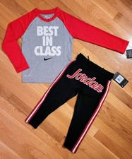 NEW Nike Jordan Little Boy Dri-fit Tee  Fleece Sweat Pant Set, Red/Black sz 4 
