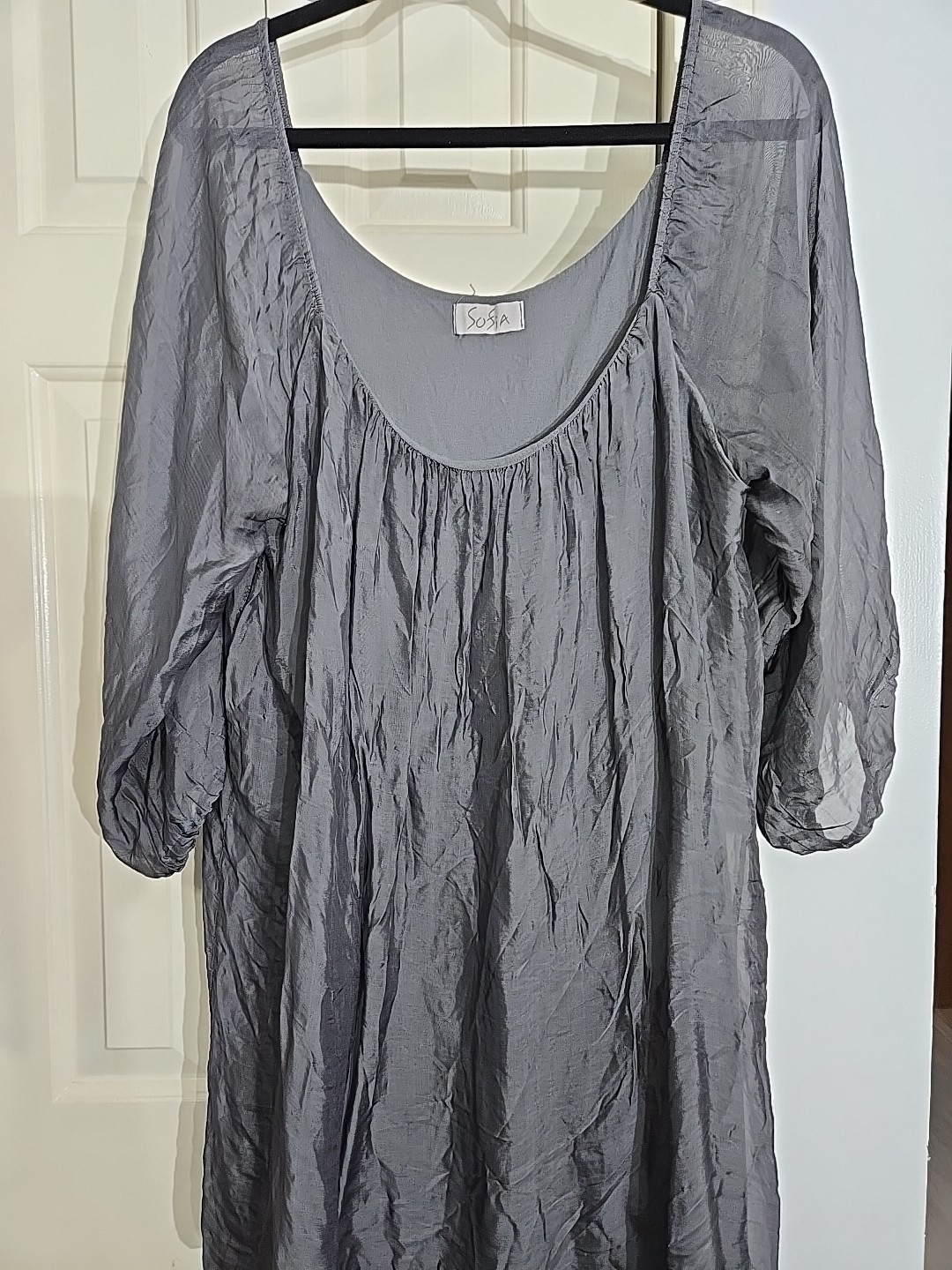 Sofia Gray Crinkle Long Sleeve 100% Seta Silk Dre… - image 1