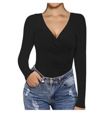 NEW NWT - MANGOPOP Women's Long Sleeve V-Neck Wrap Bodysuit - Black - M Medium