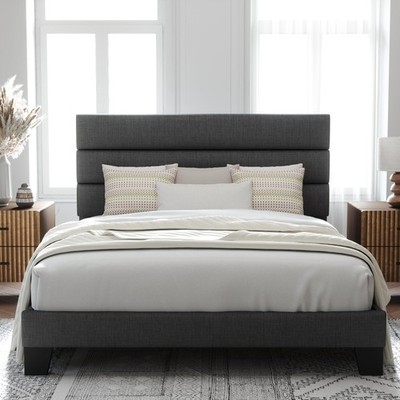 Queen Size Platform Bed Frame with Fabric Upholstered Headboard and Wooden Sl...