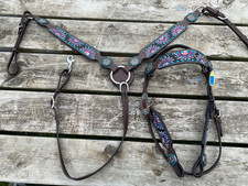 Purple/blue/pink floral Western headstall/breast collar set w/crystal conchos