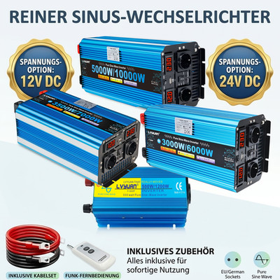 500W-5000W Spannungswandler 12V 24V zu 230V Reiner Sinus Wechselrichter Inverter