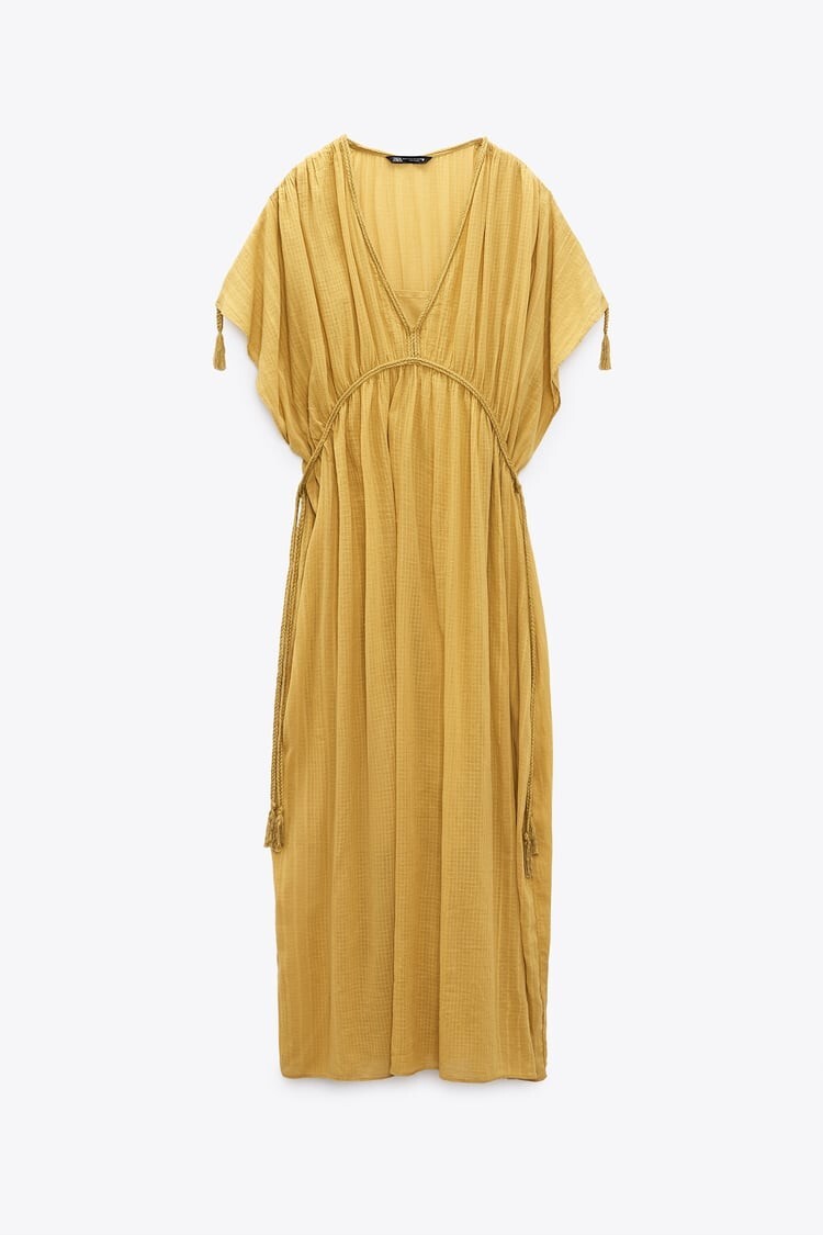 Zara Women 100% Cotton Midi Kaftan Dress Lined Mustard