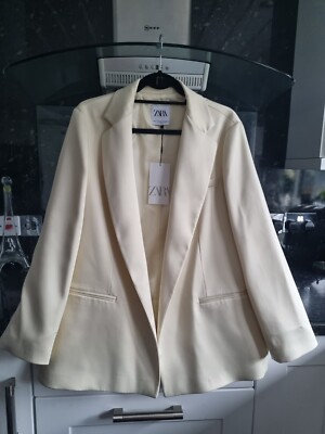 ZARA Satin Blazer Jacket NEW Relaxed Open Cream Ecru Size XS/S Oversized  (M/L) UK